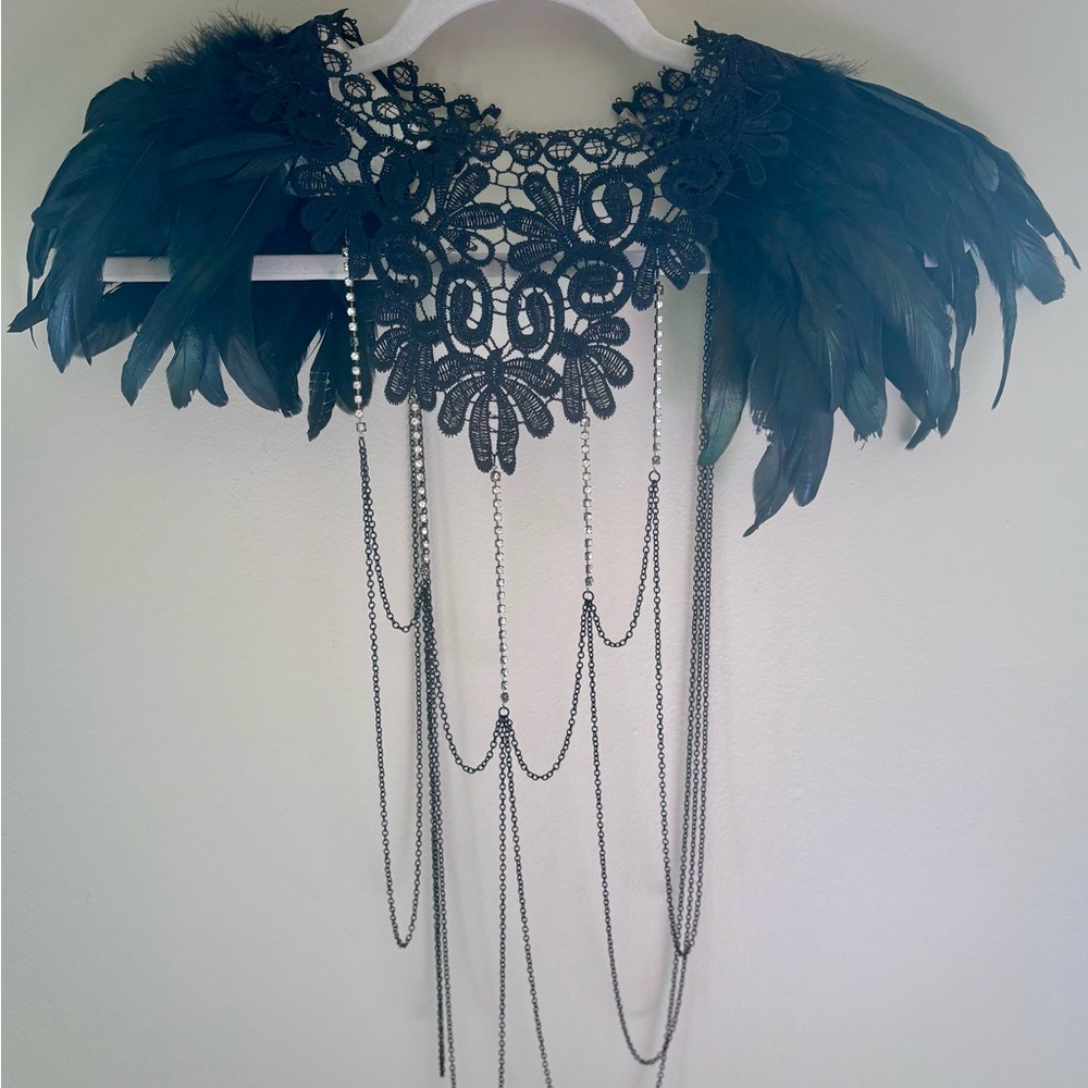 Black Lace Feather Necklace with Silver Chains